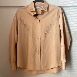 Vintage Carole Laurent tan embroidered long sleeve button down shirt